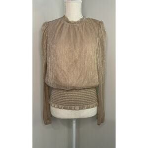 Joie Smocked Metallic Ruffle Sheer Long Sleeve Blouse 80s Retro Women's Size M